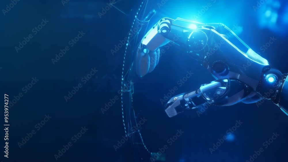 Poster robotic hand reaching out with glowing fingertips in a dark, futuristic environment. concept of ai a
