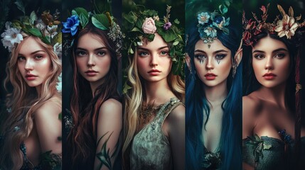 Fototapeta premium Beautiful fantasy fairy tale elf woman princess portrait collection set wallpaper AI generated image