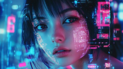 Asian girl face with cyberpunk neon hologram digital poster design background wallpaper AI generated image