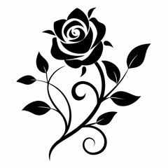 Elegant Black and White Rose Silhouette Design with Vines on White Background