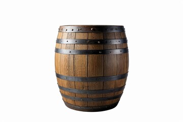 there is a wooden barrel with metal straps on it                           