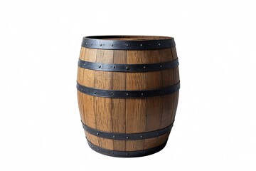 there is a wooden barrel with metal straps on it                           