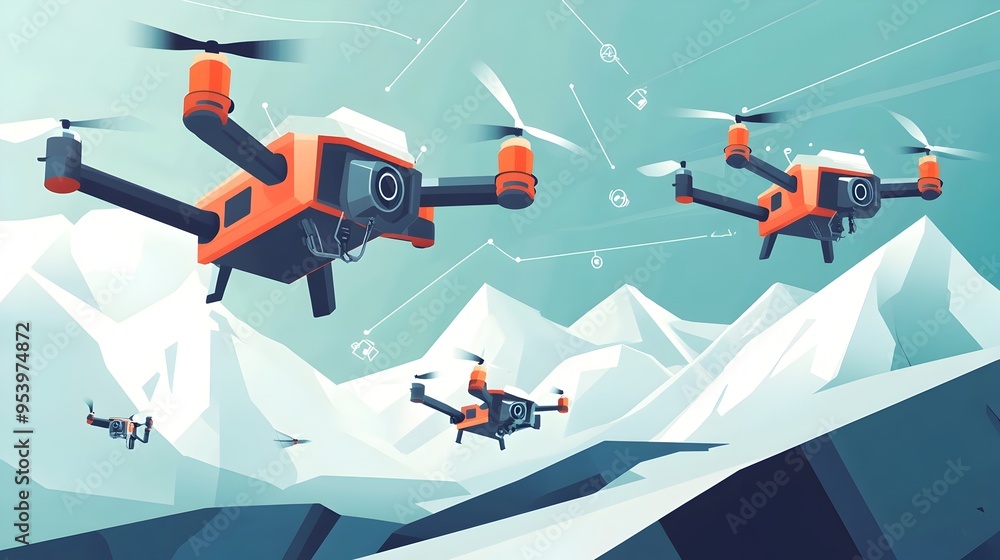Poster innovative graphic depicting smart rescue drones equipped with iot technology for efficient search a