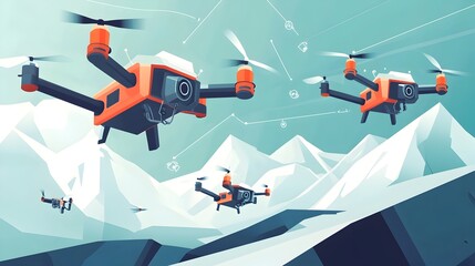 Innovative graphic depicting smart rescue drones equipped with IoT technology for efficient search and rescue in emergency situations