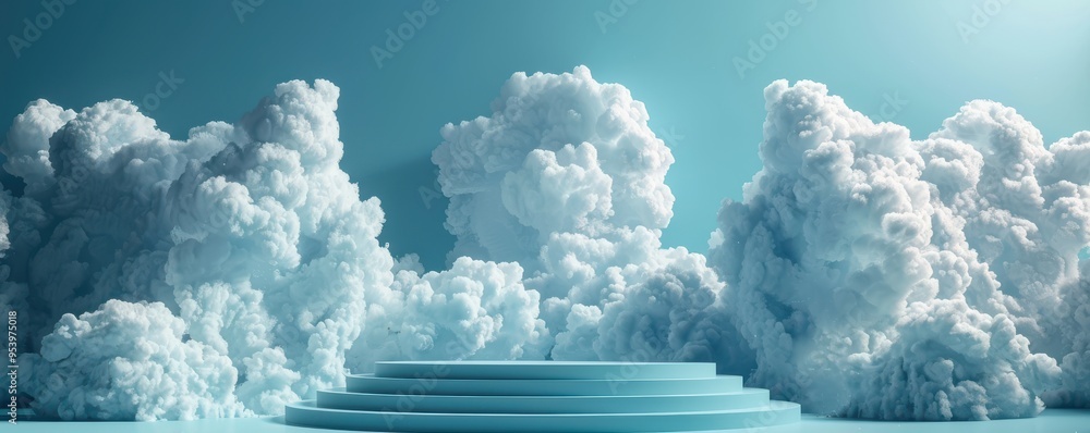 Canvas Prints 3d blue podium surrounded by fluffy clouds under a serene sky. free copy space for text.