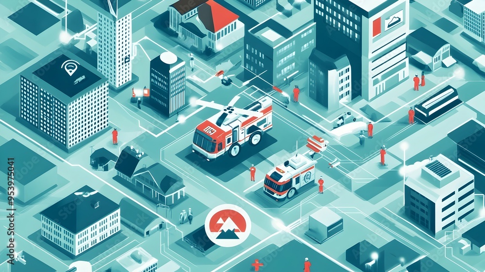 Poster innovative graphic depicting iot connected emergency response systems designed for efficient disaste