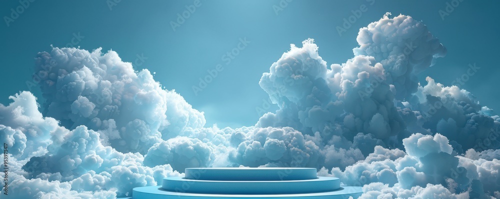 Poster 3d blue podium surrounded by fluffy clouds under a serene sky. free copy space for text.