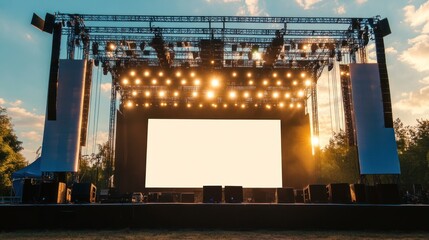 Stage modern rigging large outdoor concert with beam lights, sound system and white blank screen mockup material background wallpaper AI generated image