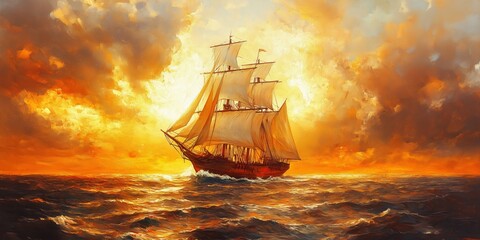 Obraz premium Vintage Oil Painting of a Sailing Ship at Sea, Dramatic Sunset with Fiery Skies, Classic Nautical Art