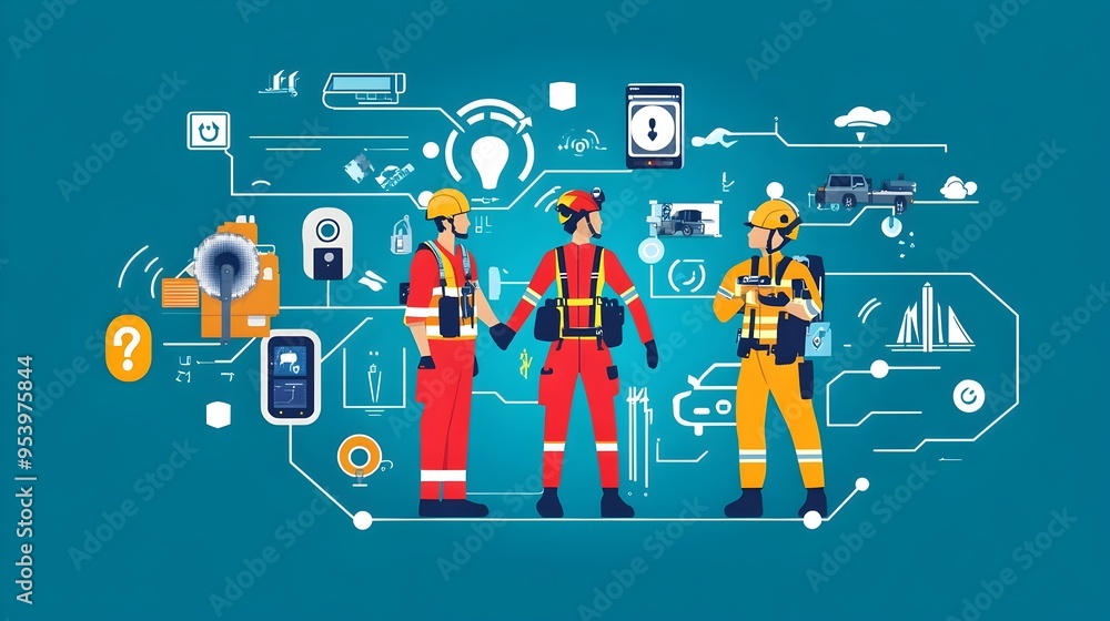 Poster graphic depicting a suite of iot connected wearable devices designed for rescue teams providing real
