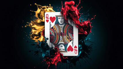 Artistic depiction of a queen of hearts playing card with abstract red, gold, and black paint splashes on a dark background, bold colors creating a dramatic and conceptual design.