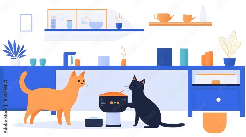 Poster sleek graphic design of a smart pet feeder with iot powered automatic feeding schedules for convenie