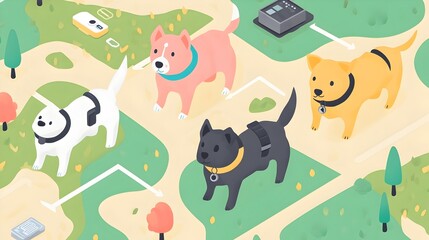 graphic of IoT powered pet collars featuring GPS tracking technology for pet monitoring location management and safety  Showcasing the connectivity data driven features