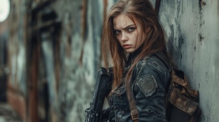 Naklejka premium Warrior woman character carry weapons during disasters to survive background wallpaper AI generated image