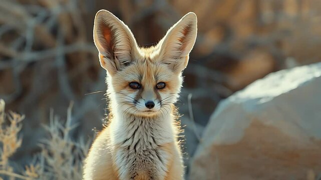 A charming desert fox is seen curiously wandering through its arid environment during the evening light. Its big ears and striking gaze capture the beauty of wildlife.