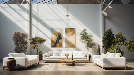 Modern Living Room Interior Design with White Sofa Wooden Coffee Table and Plants