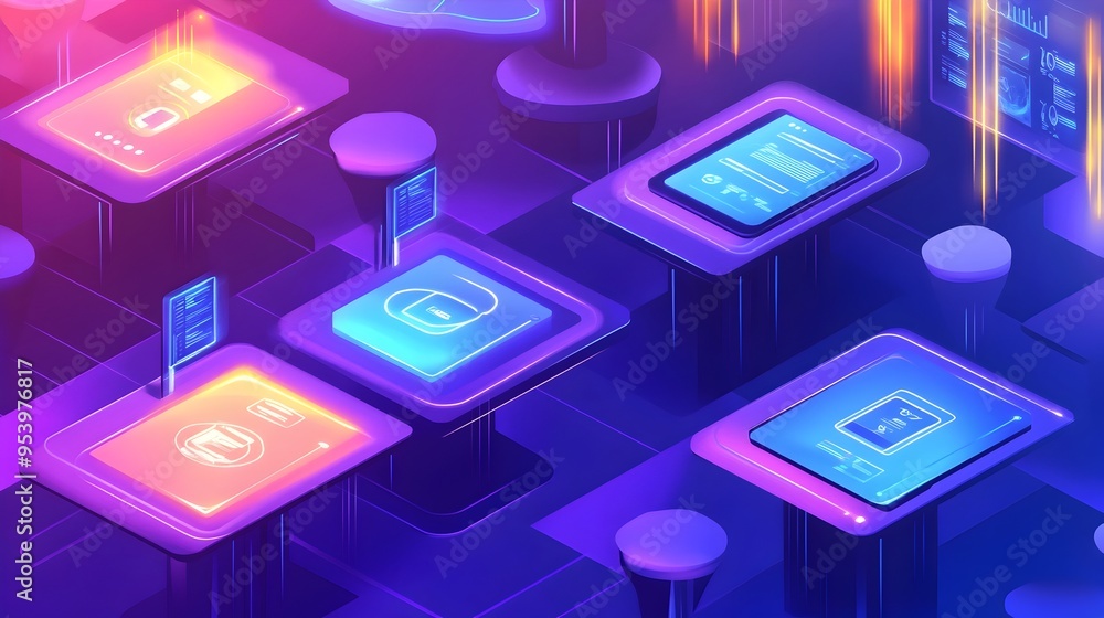 Poster innovative graphic depicting iot connected tables with wireless charging capabilities and integrated