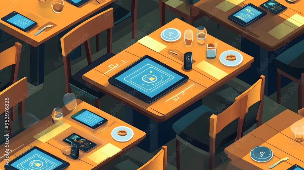 Poster cutting edge iot enabled smart tables with wireless charging and sleek digital menus showcased in a 