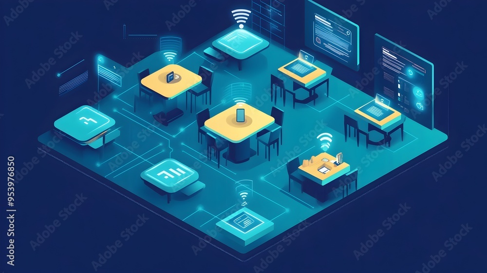 Poster innovative iot powered tables featuring wireless charging capabilities and digital menus enhancing t