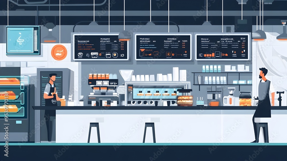 Poster cutting edge graphic depicting a smart caf leveraging iot technology for seamless automated order pr
