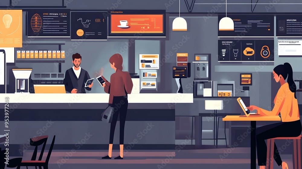 Poster innovative graphic depicting the of smart payment systems and iot technology in a modern caf setting