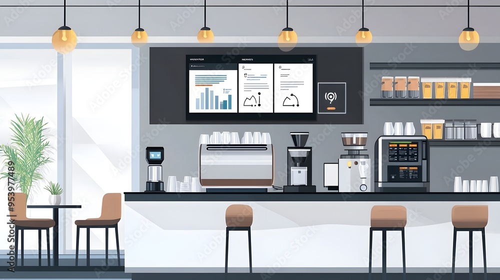 Poster innovative graphic showcasing an iot based environmental monitoring system in a cafe setting featuri