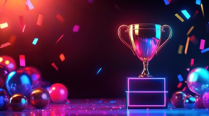 Trophy design with neon light lines and balloons to celebrate victory symbol background wallpaper AI generated image