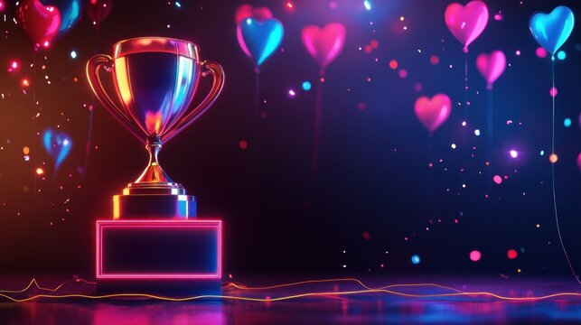 Trophy design with neon light lines and balloons to celebrate victory symbol background wallpaper AI generated image