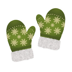 Pair Warm Christmas mittens. Winter clothing item. Isolated illustration. For Christmas greeting cards, cozy  designs, festive holiday.