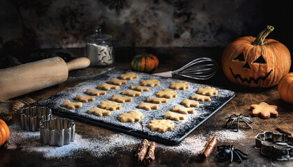 A Halloween baking scene featuring a messy countertop with flour, cookie cutters in spooky shapes, and freshly baked cookies with eerie icing designs.