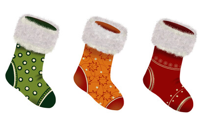 Christmas socks isolated on white background. Christmas stockings for cozy holiday-themed decor and crafts. Hand drawn illustration.