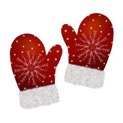Pair Warm Christmas mittens. Winter clothing item. Isolated illustration. For Christmas greeting cards, cozy  designs, festive holiday.