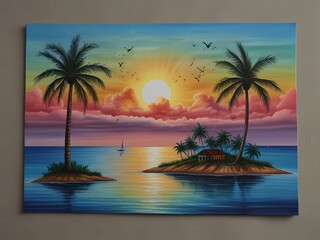 Colored pencil drawing colorful sky Morning sun and calm sea 