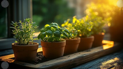 Small potted herbs thriving in morning sunlight indoors