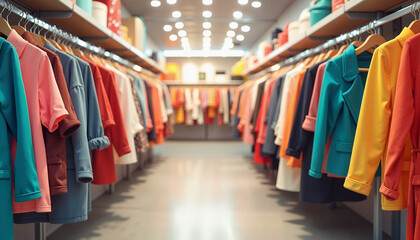 Colorful clothing rack in vibrant hues displaying fashion variety in retail store