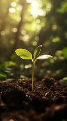 A small green shoot of a tree growing in the forest, symbolizing new life and growth