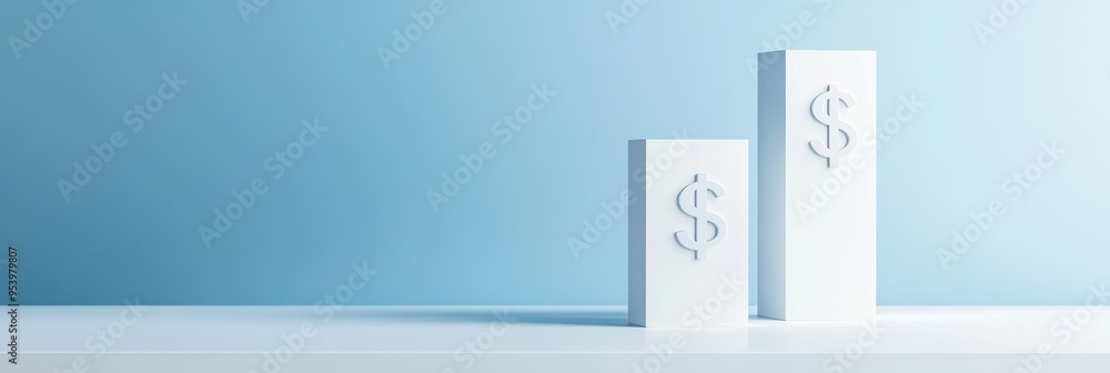 Poster two white rectangular blocks with dollar signs carved into them stand against a light blue backgroun