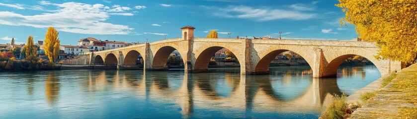 Scenic view of a historic stone bridge over a calm river with autumn trees and vibrant blue sky reflecting in the water on a sunny day.