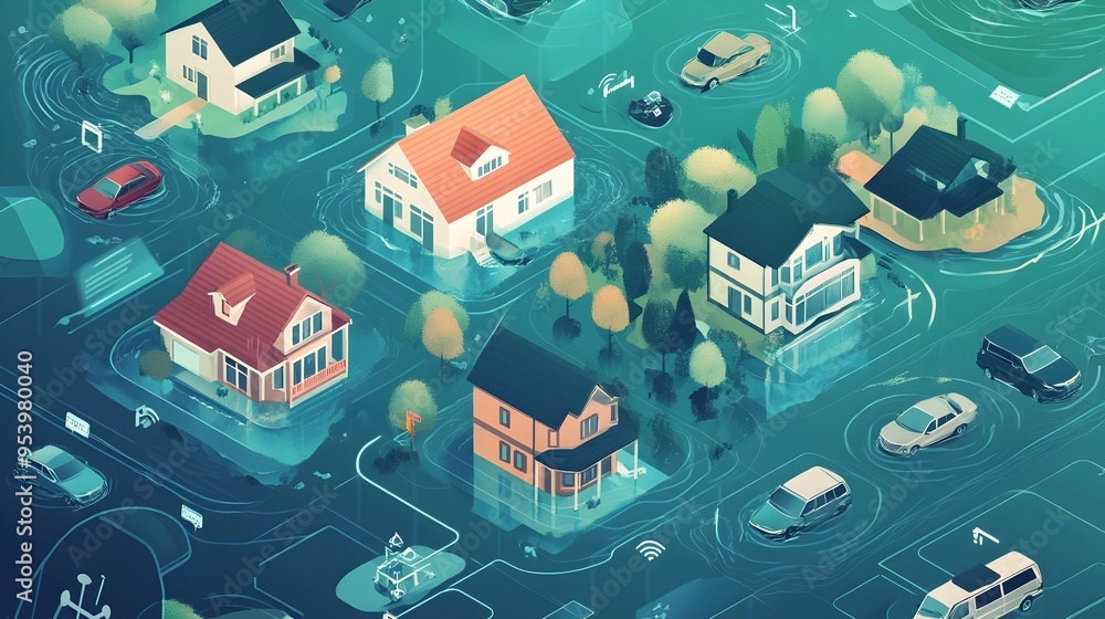 Poster innovative graphic showcasing iot connected evacuation route planning and guidance system for flood 
