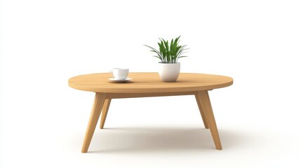A 3D cartoon style illustration of a wooden coffee table with a plant and a coffee cup on it. This image represents modern design, minimalism, and the simple pleasures of home.