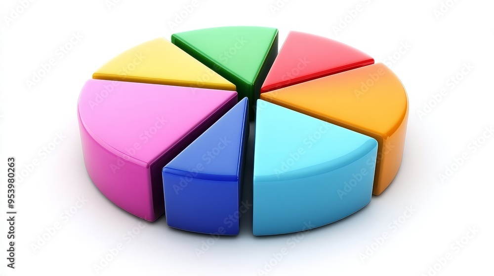 Poster a 3d illustration of a colorful pie chart with seven sections representing different areas of a budg