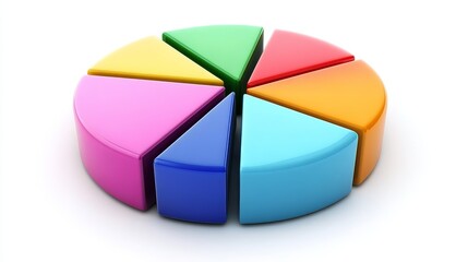 Obraz premium A 3D illustration of a colorful pie chart with seven sections representing different areas of a budget or business. It symbolizes allocation, distribution, financial planning, data visualization, and 