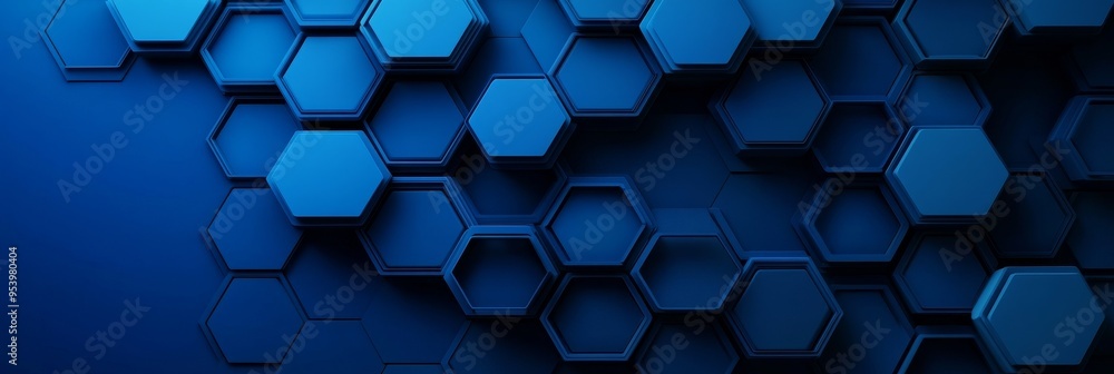 Poster a 3d of an abstract background featuring a pattern of blue hexagons, symbolizing structure, technolo