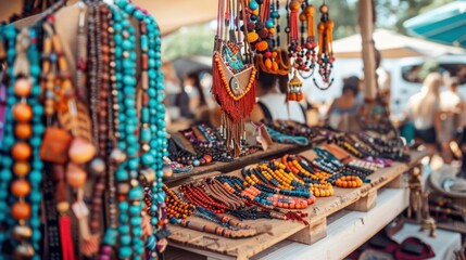 Colorful Handcrafted Jewelry and Textiles at a Market Stall