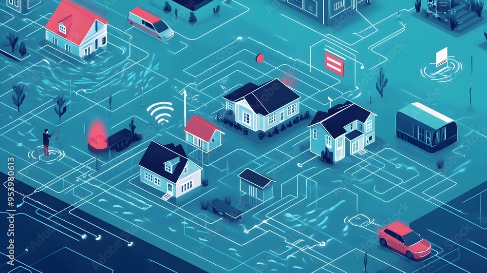 Aufkleber innovative graphic depicting iot powered communication systems designed to provide public flood aler