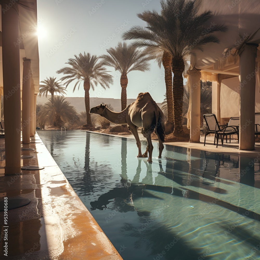 Poster a camel walking in a pool.