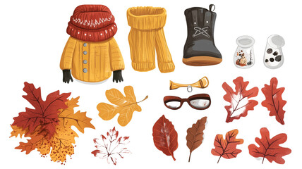 illustration, set of autumn objects, isolated on transparent background. Forest design element for poster, school, education. Tree leaves, mushroom, fruits, apples etc. Typical autumn colors.