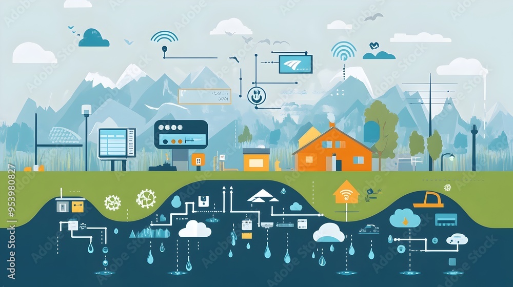Poster graphic depicting the interconnected network of iot enabled weather stations and flood management sy