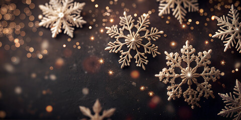 Elegant golden snowflakes on a dark background with sparkling bokeh lights
