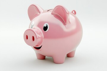 A charming 3D cartoon piggy bank with a pink body and smiling face. The piggy bank sits on a white background, representing a concept of saving money, financial growth, childhood, cuteness, and financ
